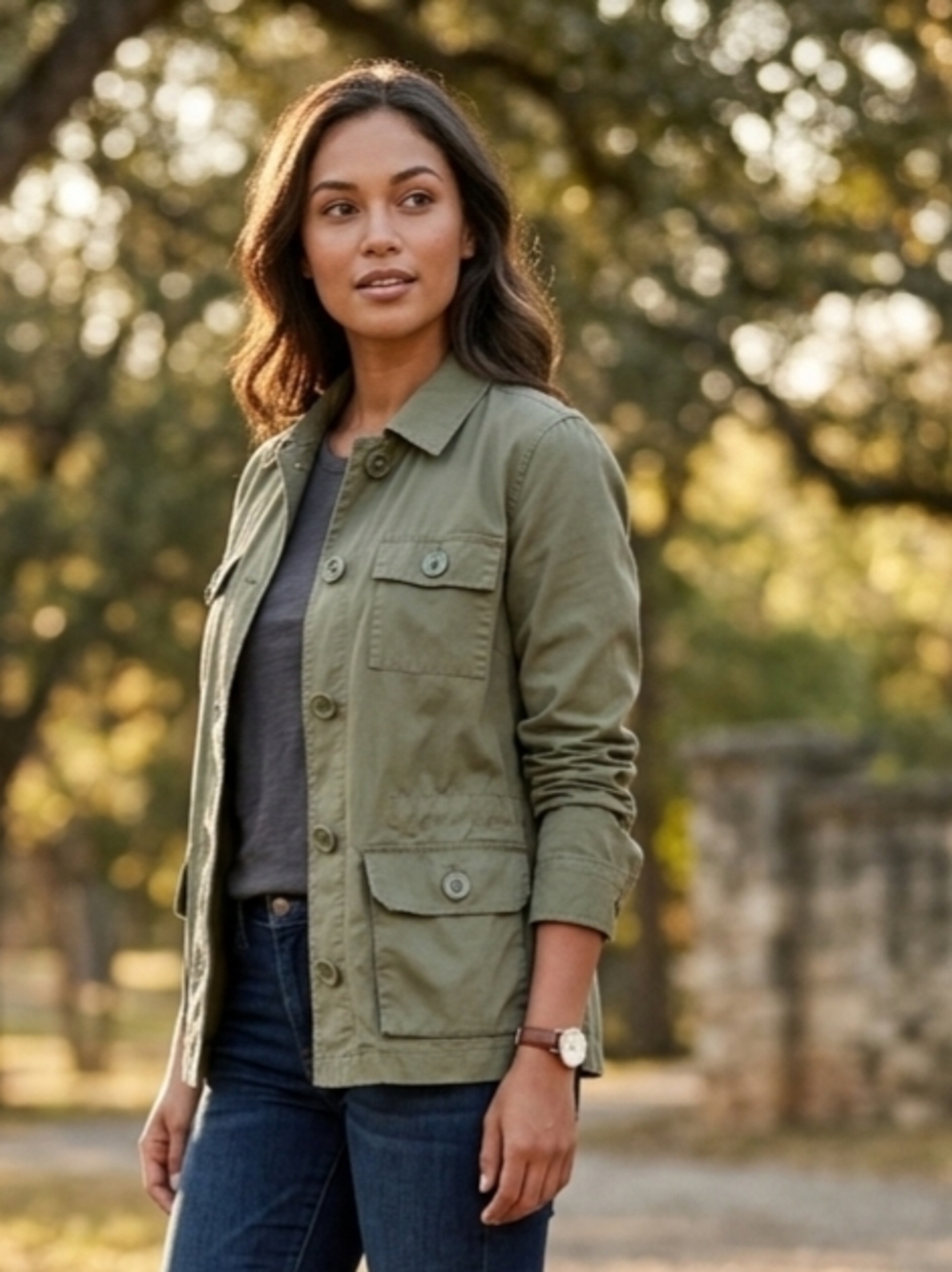 Talbots Olive Green Utility Jacket with Button Flap Pockets Size Med Petite
